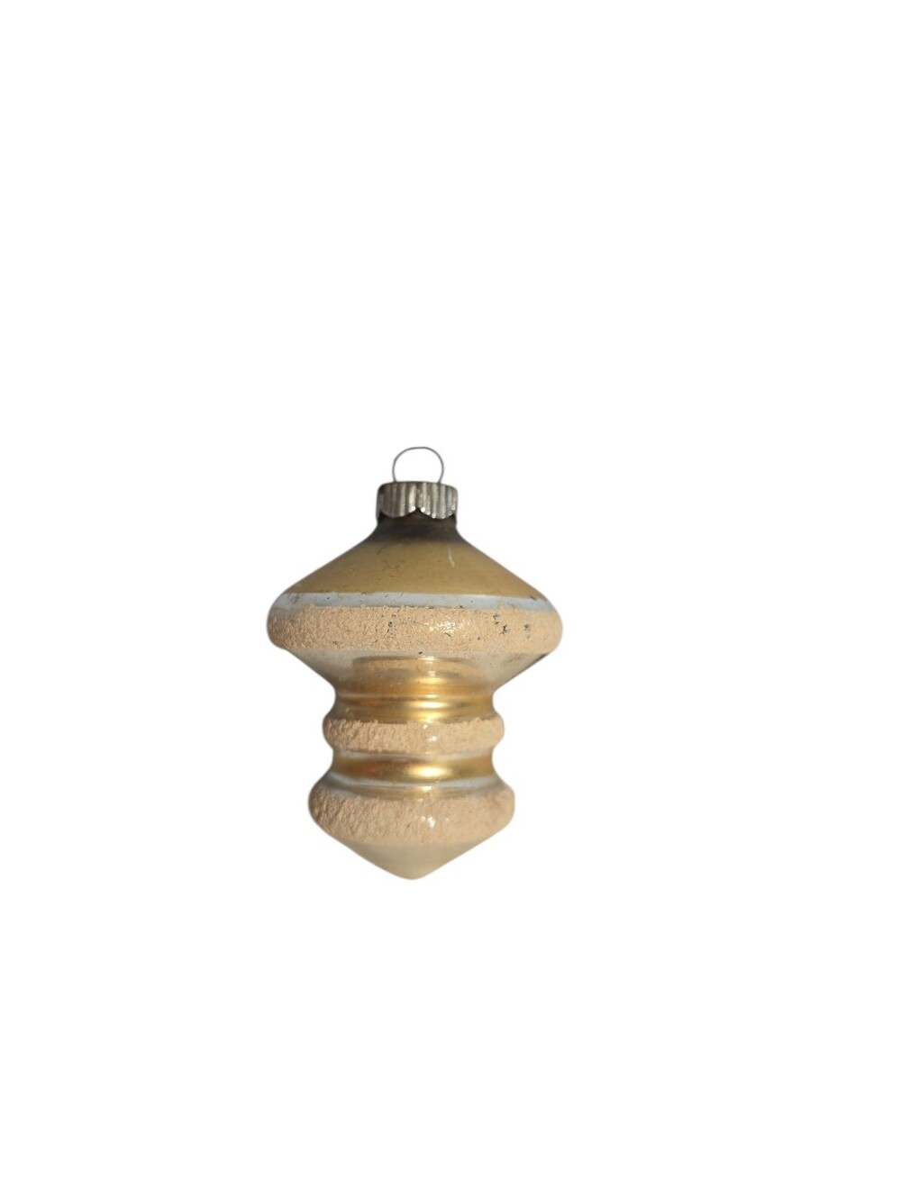 Vtg. Shiny Brite UFO Lantern Shape Gold Color White Glitter Christmas Ornament